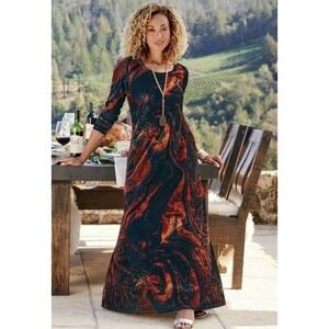 Soft Surroundings Boho Santiago Velvet Maxi Dress Size S Rust Art Stretch Modest